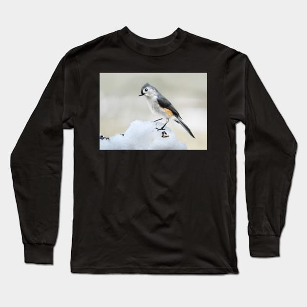 Tufted Titmouse in Winter... Long Sleeve T-Shirt by LaurieMinor